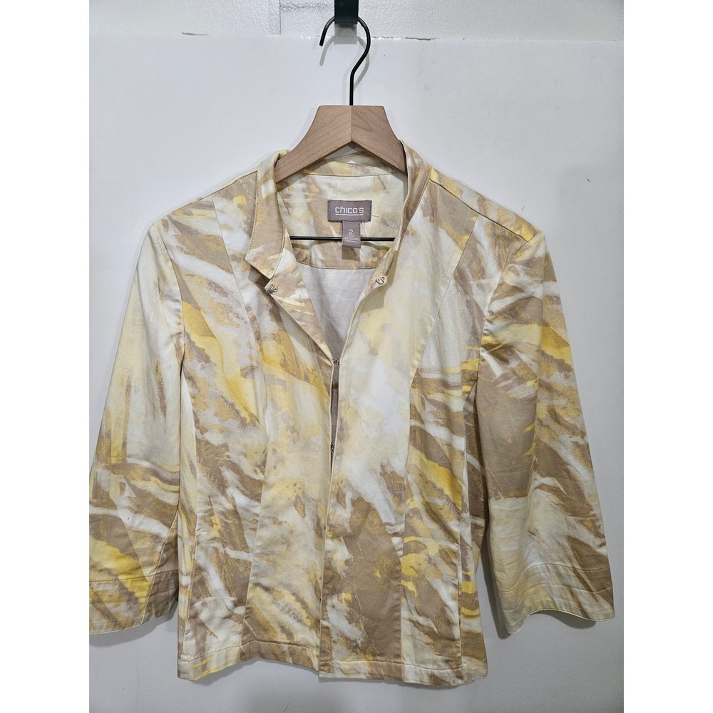 Chicos Yellow Abstract Print Cotton Blend Hook & Eye Jacket Size 2 Large